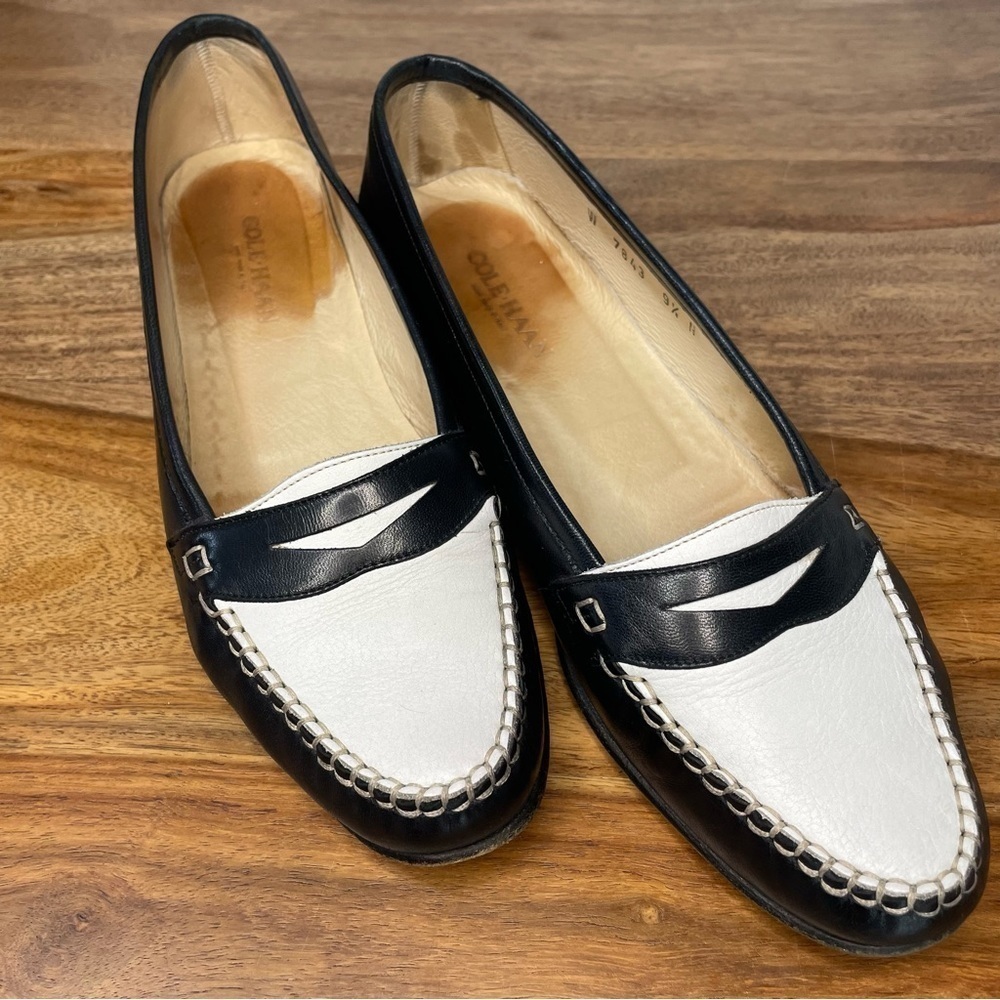 Cole Haan black‎ and white two tones leather Penny Loafers Blockecore sz 9 1/2 N
